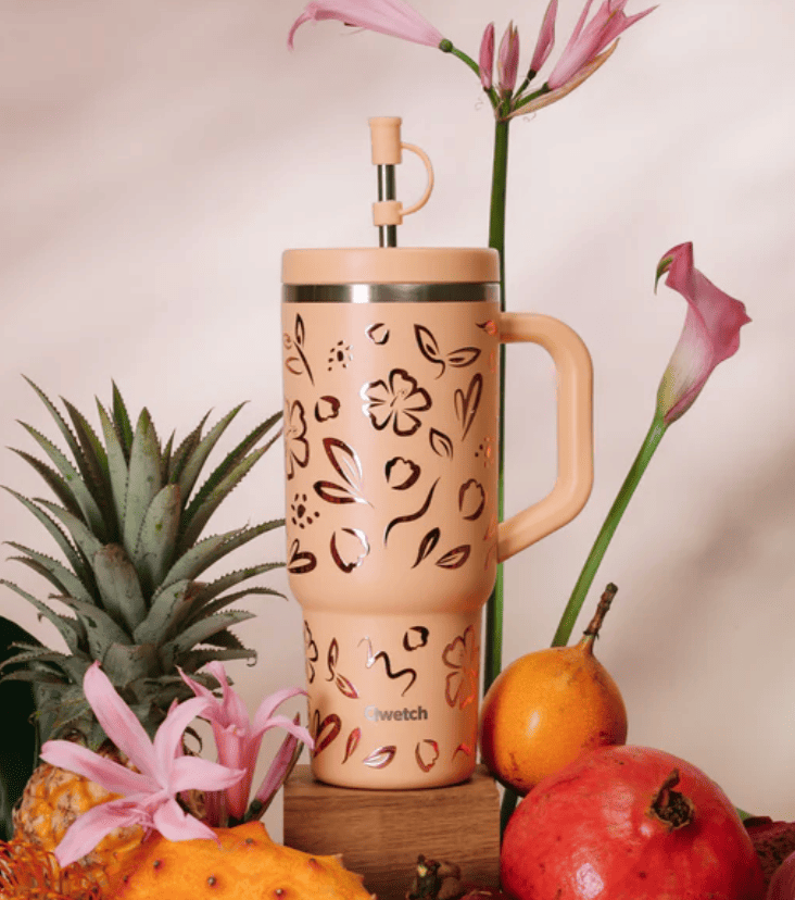 Travel cup blanche à motif fleur 900ml avec une paille