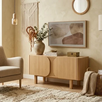Meuble TV deux porte d'une couleur bois claire
