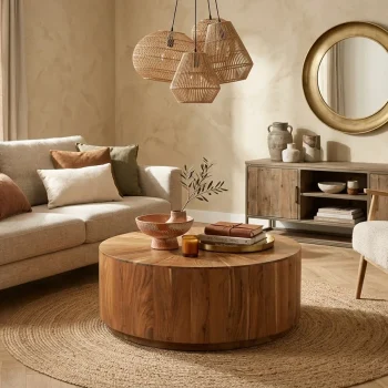 Table basse de salon ronde en bois clair
